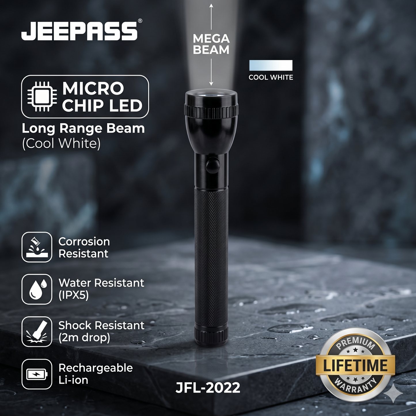 Jeepass JFL-2022 Rechargeable LED Flashlight with Long Range Beam