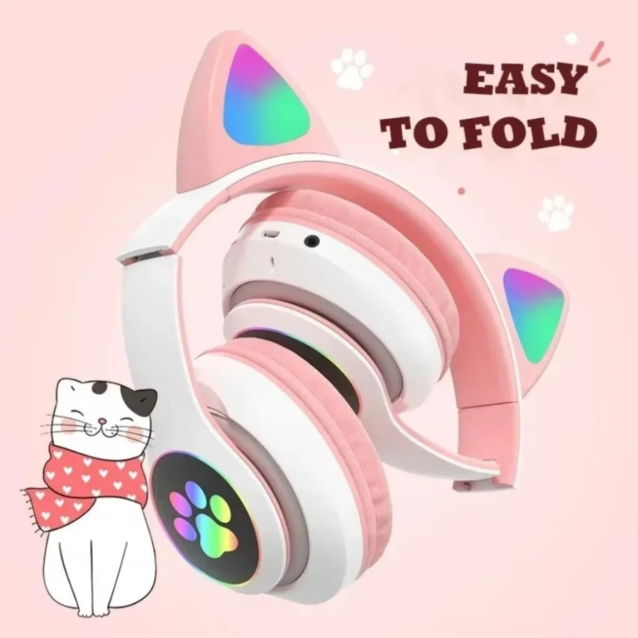 Premium STN-28 RGB Cat Ear Wireless Bluetooth Headphones with LED Light